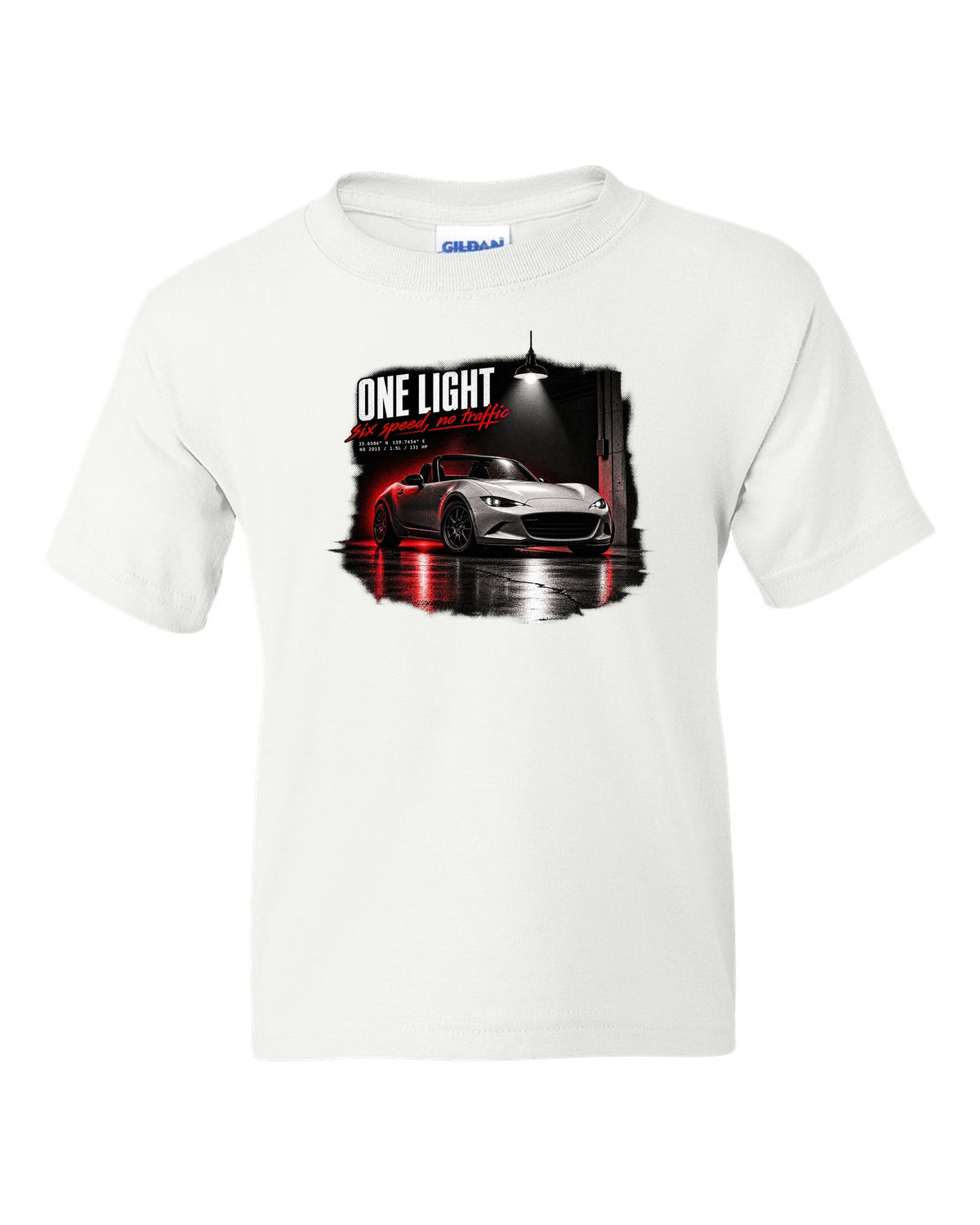 Garage night print for the 2015 Mazda MX-5 ND with 1.5L, 131 HP and six-speed lettering white kids tee front view with the design