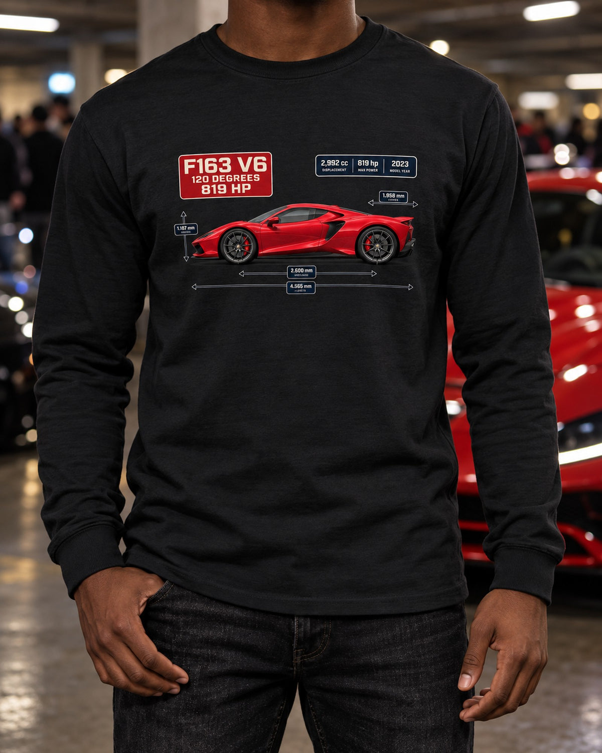 Ferrari 296 GTB Dimension Blueprint Tee, Car Guy Gift Long Sleeve Black worn hero