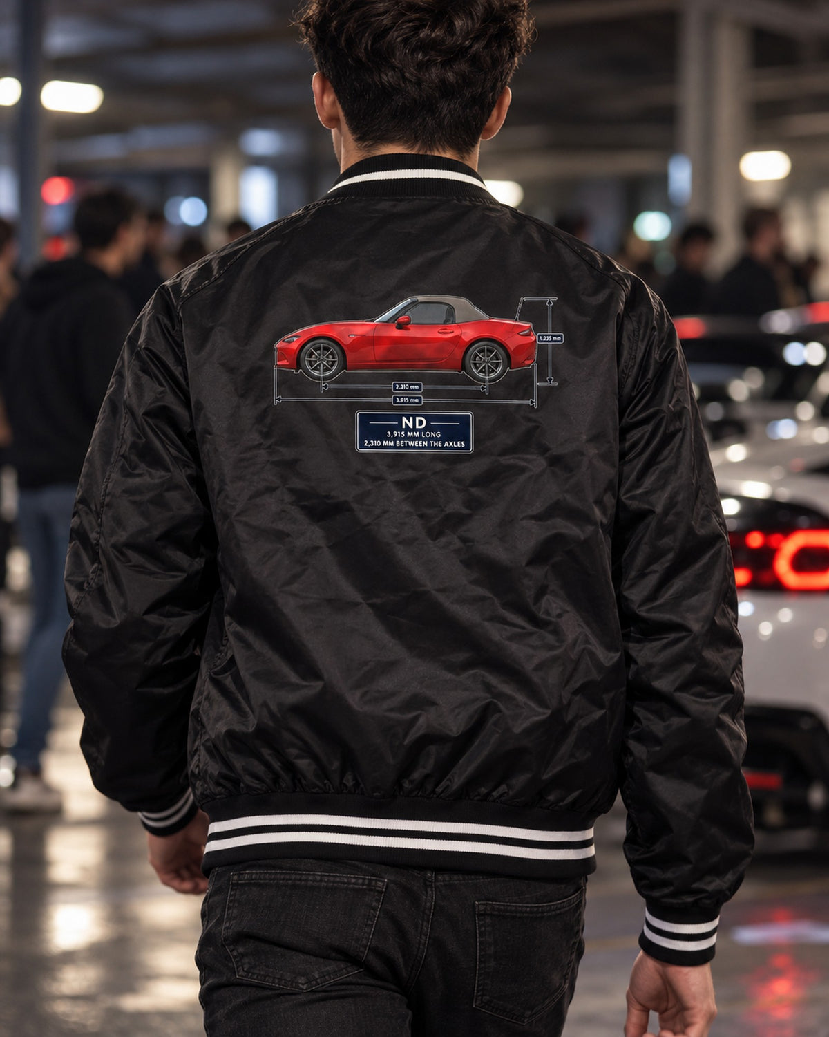 Mazda MX-5 ND1 Soft Top Dimension Blueprint Shirt, Miata Gift Bomber Jacket Black worn hero