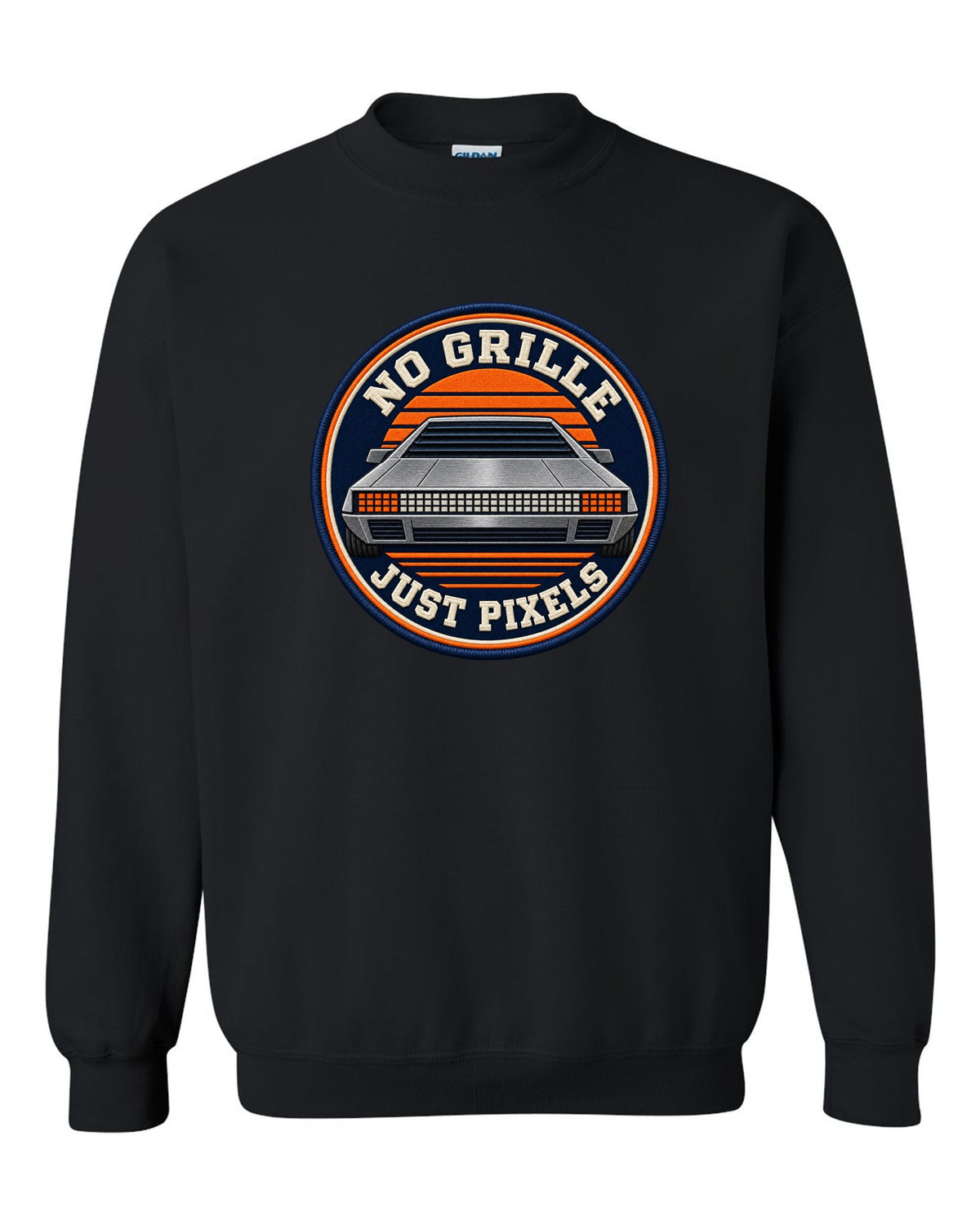 Varsity crest design of the Hyundai N Vision 74 concept with pixel styling black crewneck front view with the design