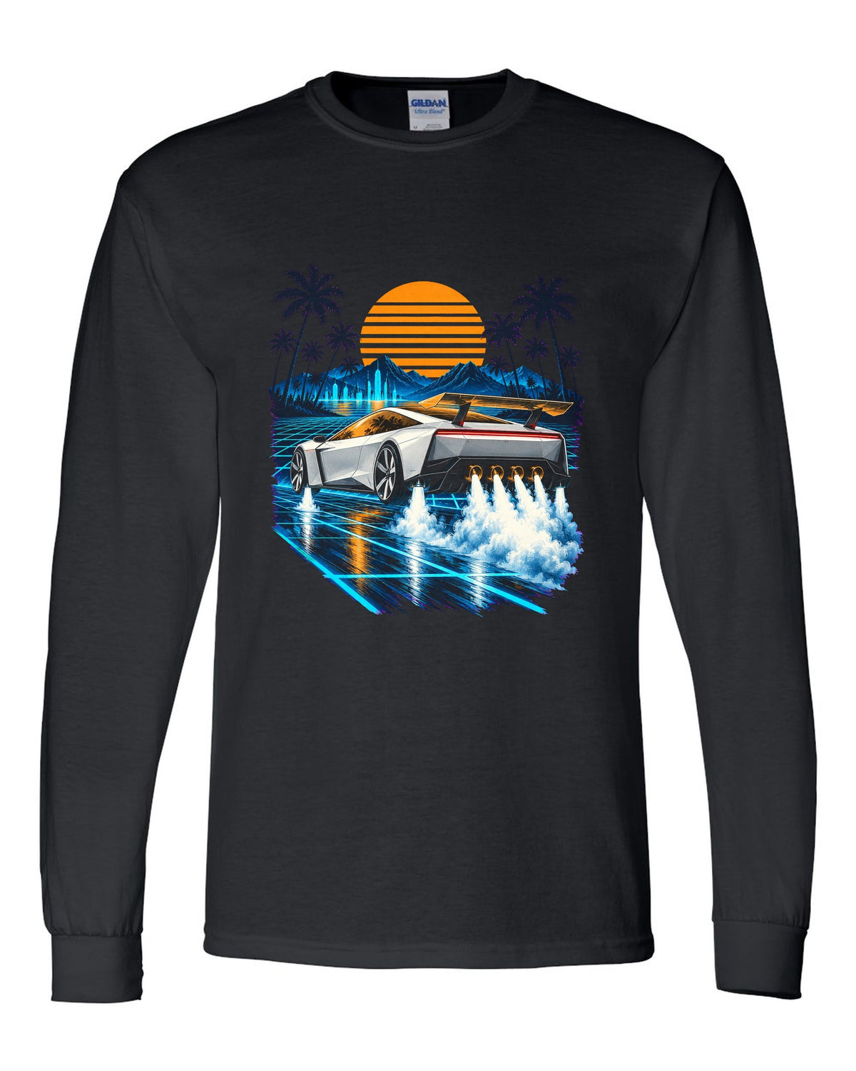 Tesla Roadster Synthwave Long Sleeve Black front