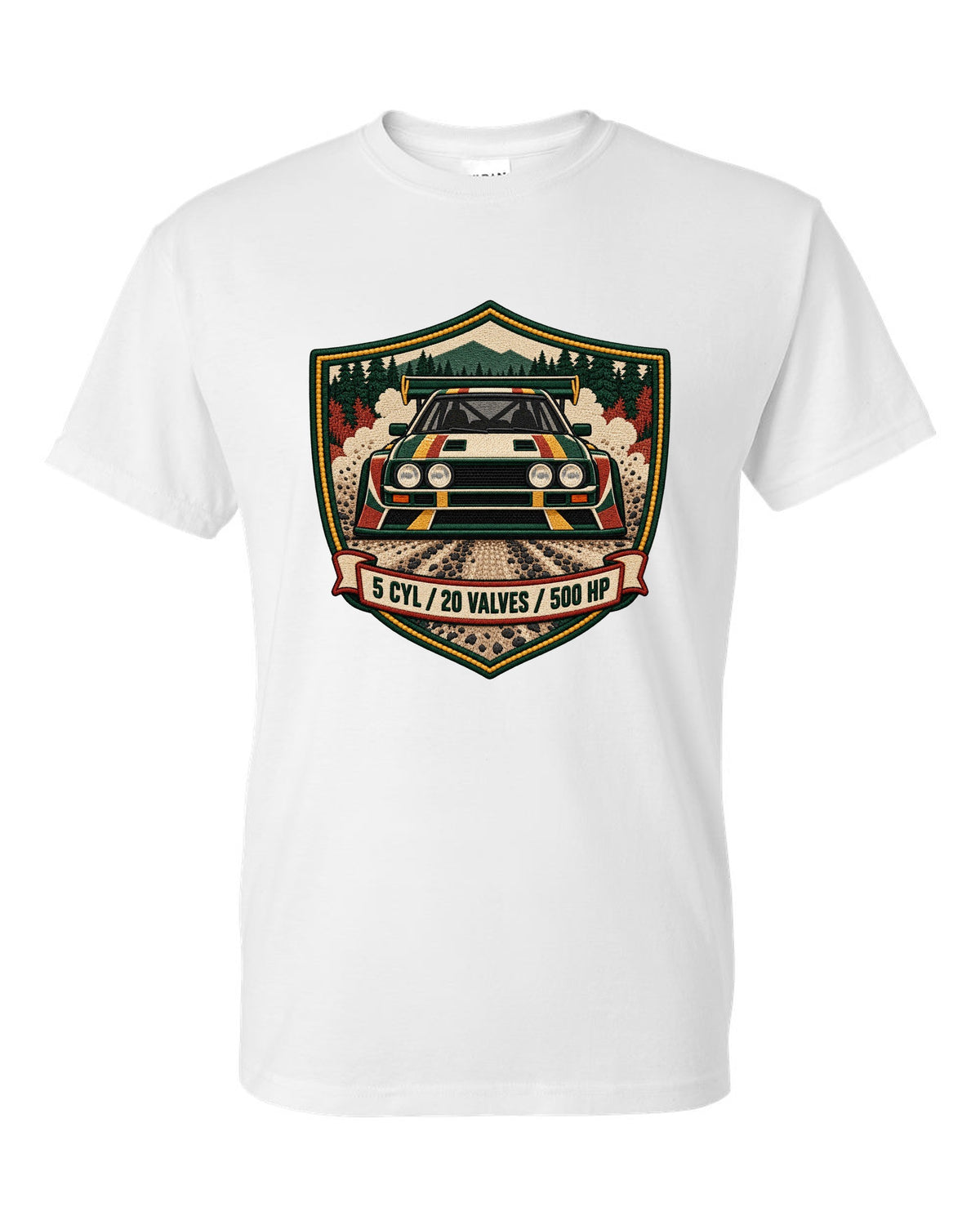 Varsity crest style print of the Audi Sport Quattro S1 E2 with 5 cyl, 20 valves, 500 hp white t-shirt front view with the design