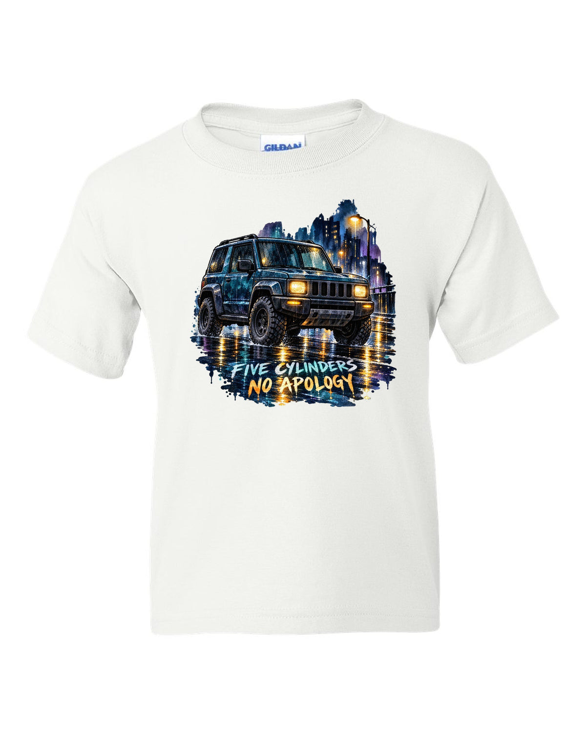 Watercolour wash wet street scene with a 2006-2010 Hummer H3 and FIVE CYLINDERS / NO APOLOGY text white kids tee front view with the design