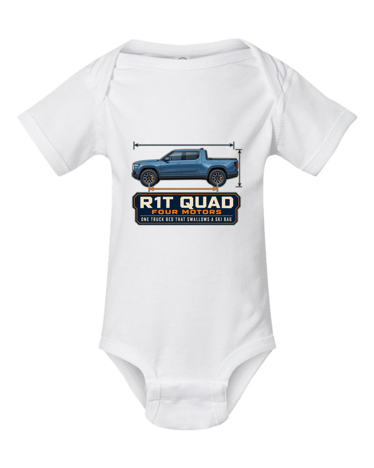 Dimension blueprint print of the Rivian R1T quad-motor electric truck white baby onesie front view with the design