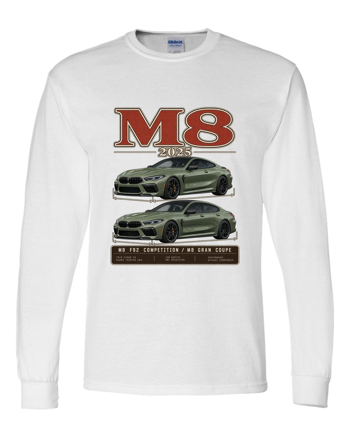 BMW M5 Touring 2025 archive panel print on a tee white long sleeve front view with the design