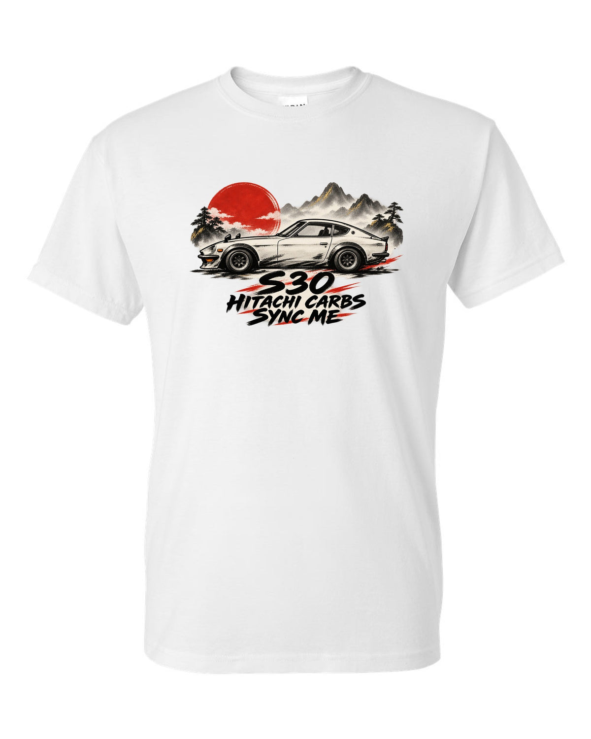 Sumi-e ink wash profile of a 1972 Datsun 240Z S30 with red accents white t-shirt front view with the design