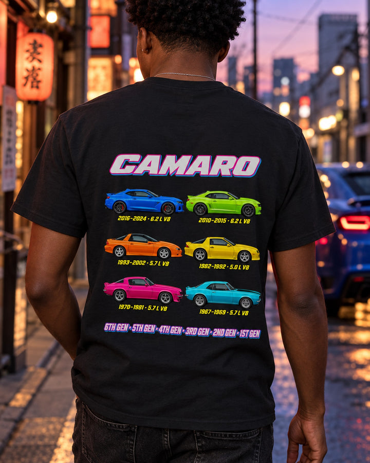 Chevy Camaro Evolution Poster Full-Back Graphic Tee T-Shirt Black worn hero