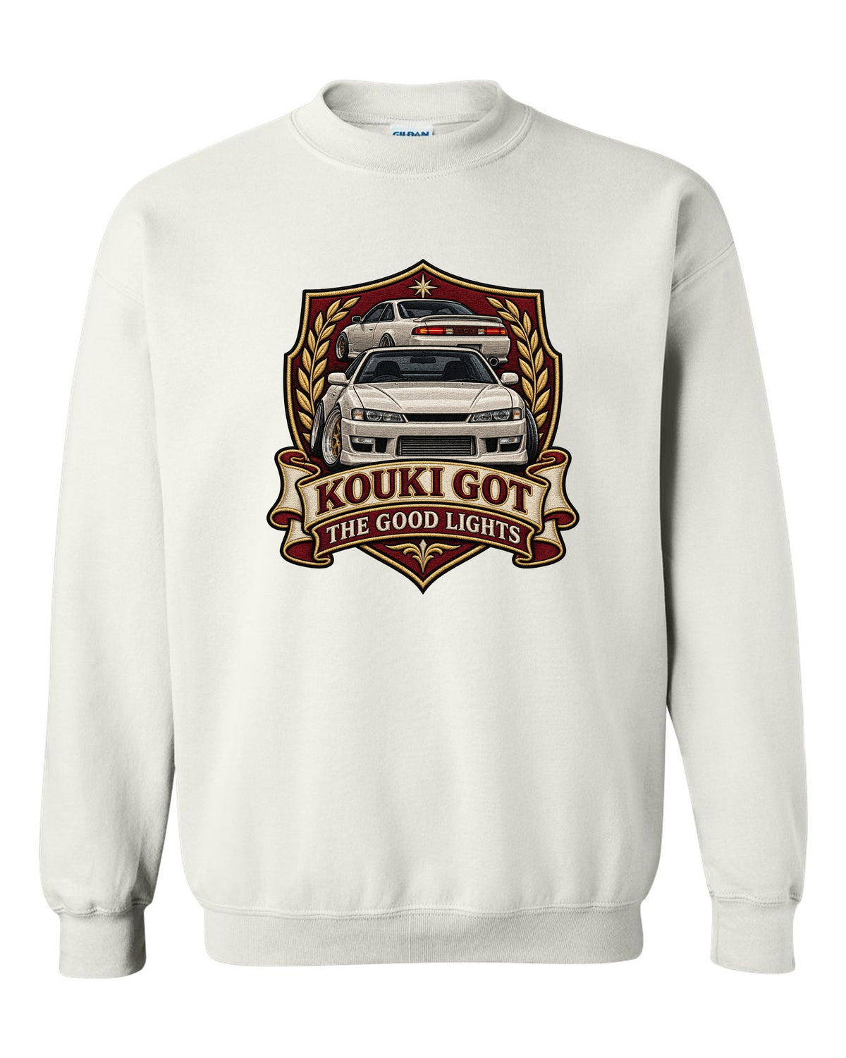 Embroidered shield crest print for the Nissan Silvia S14 kouki reading Kouki Got the Good Lights white crewneck front view with the design
