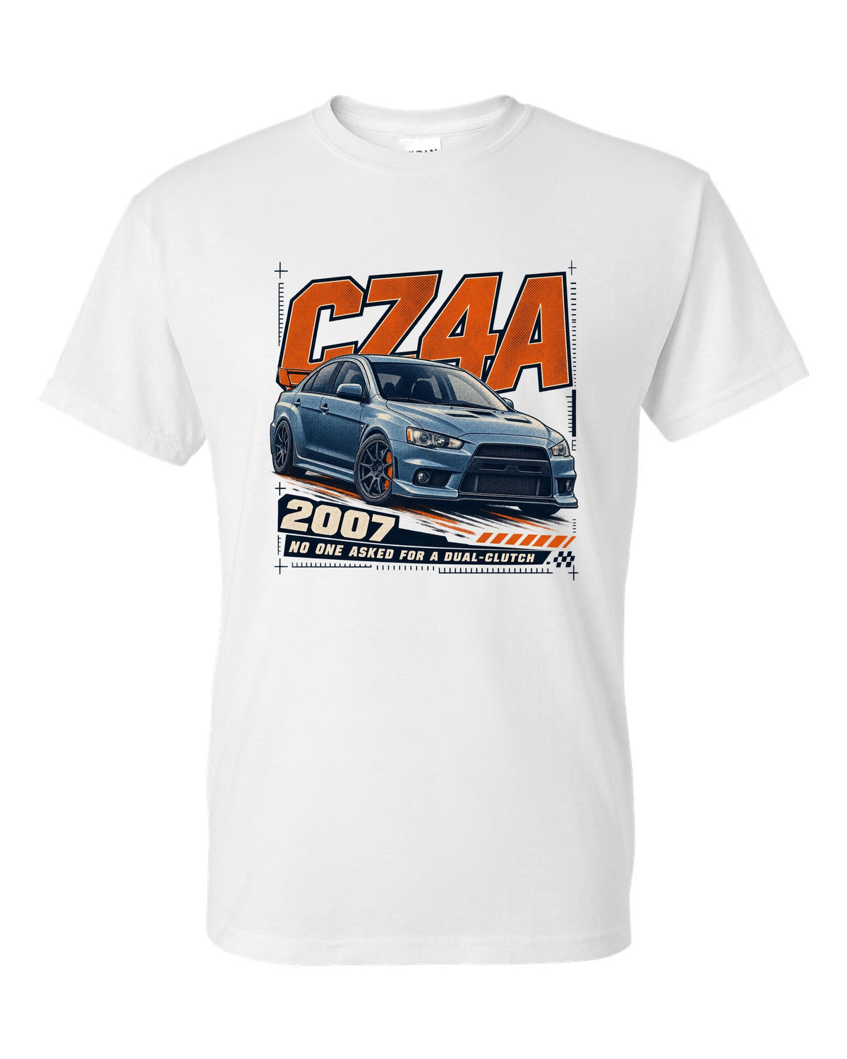 Mitsubishi Lancer Evolution X CZ4A front three-quarter halftone print white t-shirt front view with the design