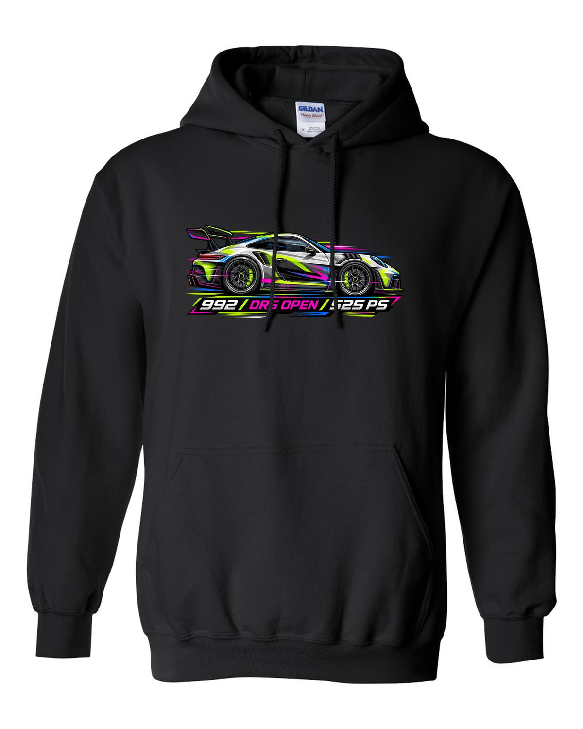 Cyberpunk neon vector artwork of a Porsche 911 GT3 RS 992 with DRS open black pull over hoodie front view with the design
