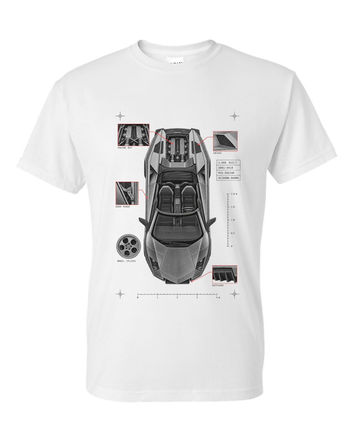 Spec poster print of a Lamborghini Murcielago LP640 Roadster with 4,099 built and scissor doors white t-shirt front view with the design