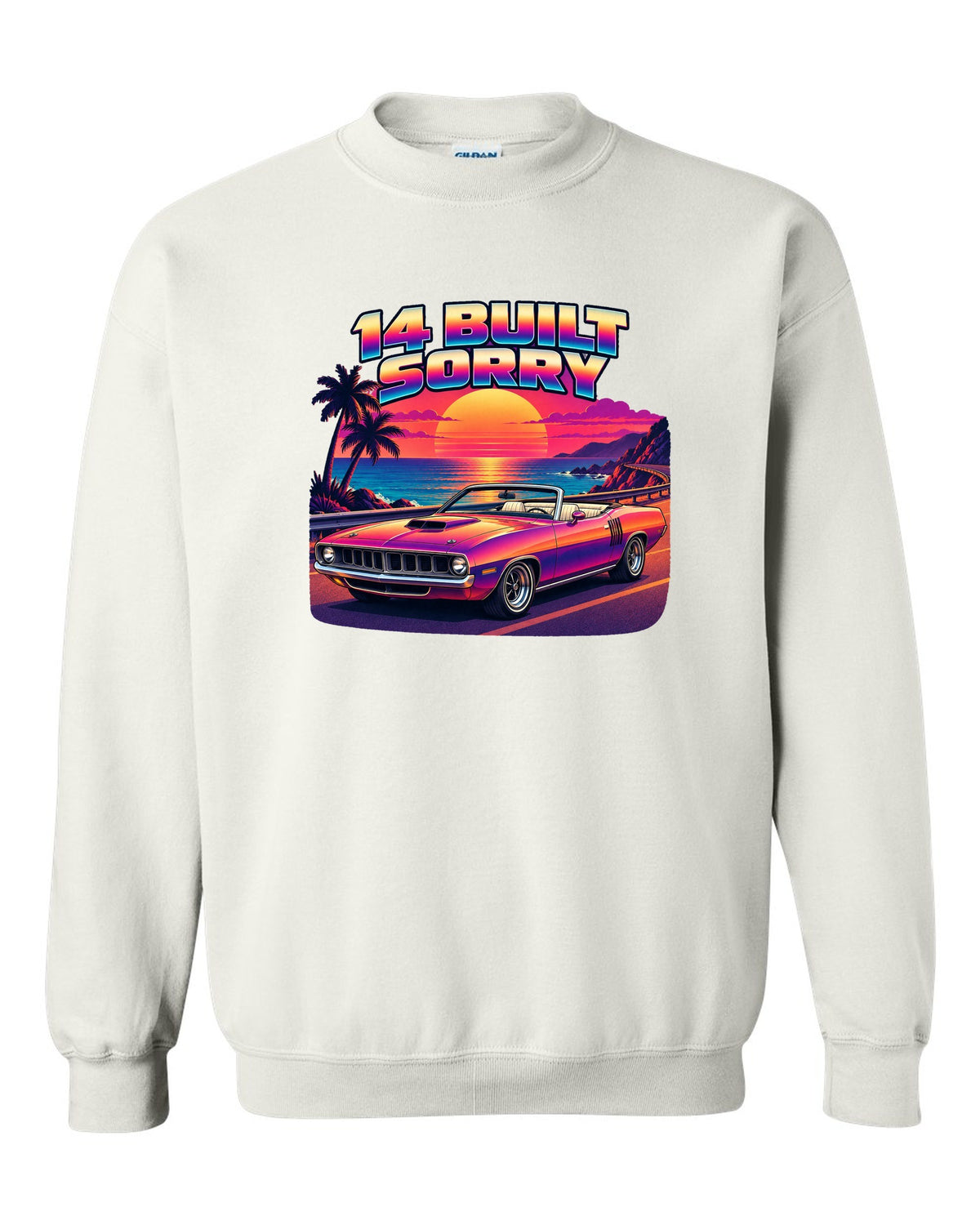 Sunset gradient synth vector print of a 1970 Plymouth Hemi 'Cuda convertible with 14 built text white crewneck front view with the design
