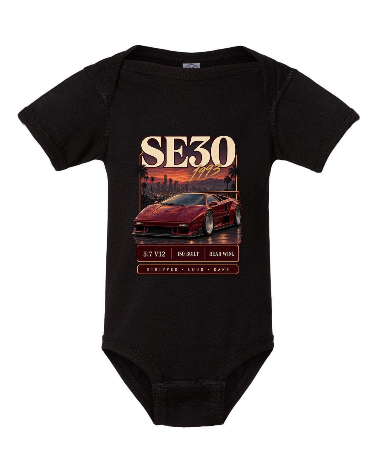 Archive panel print of a Lamborghini Diablo SE30 with 5.7 V12 and 150 built text black baby onesie front view with the design