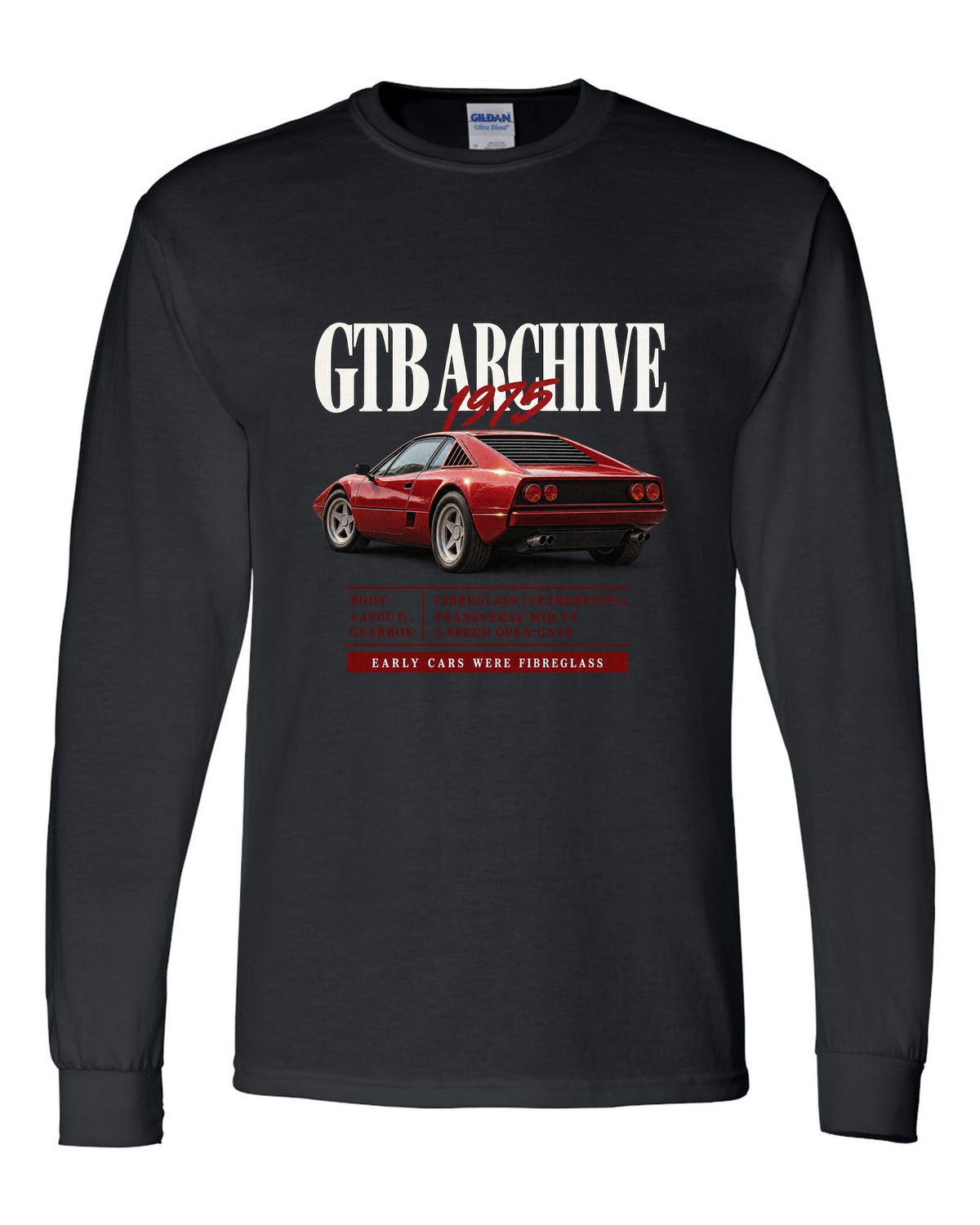 Ferrari 308 GTB 1975 archive panel print, early cars were fibreglass black long sleeve front view with the design