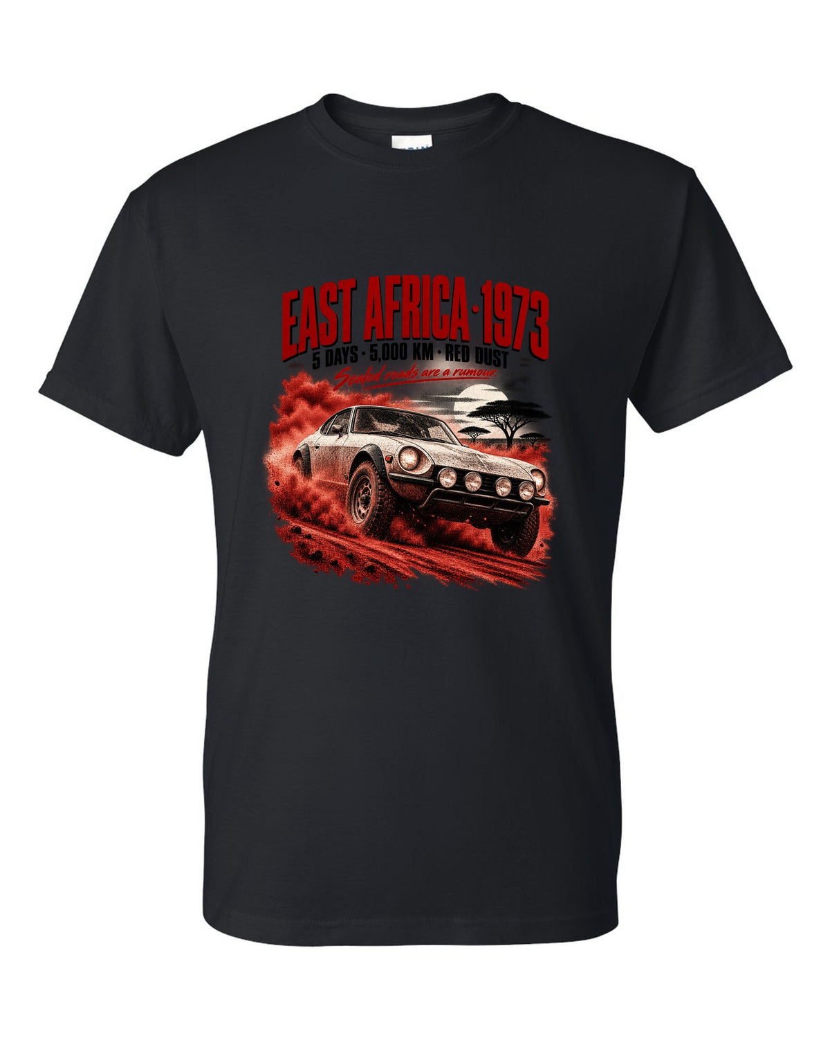 Rally poster print of a 1973 Datsun 240Z S30 rally car for East Africa black t-shirt front view with the design
