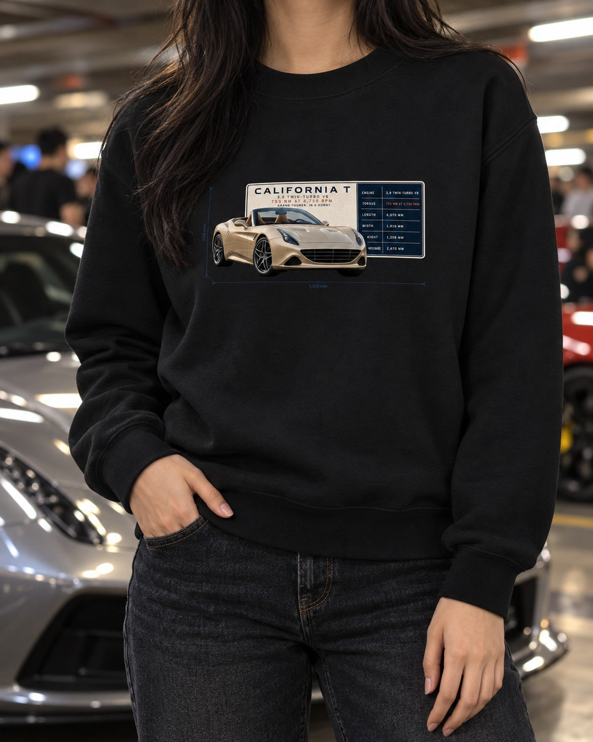 Ferrari California T Spec Poster Shirt, 755 Nm Grand Tourer Crewneck Black worn hero