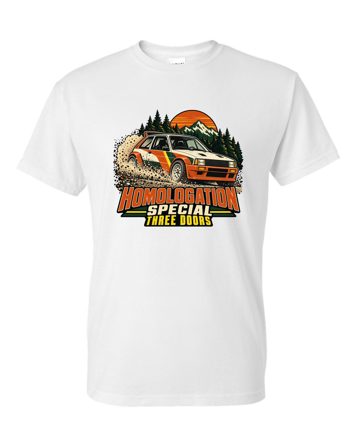 Vintage rally poster of a Toyota GR Yaris sliding on gravel with homologation text white t-shirt front view with the design