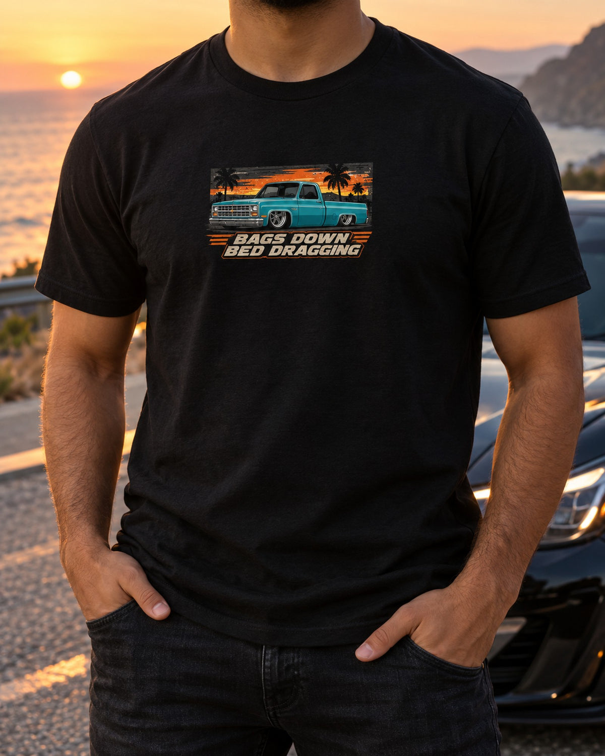 Chevrolet C10 1967-72 Bagged Pixel Art Shirt, Air Ride Truck Tee T-Shirt Black worn hero