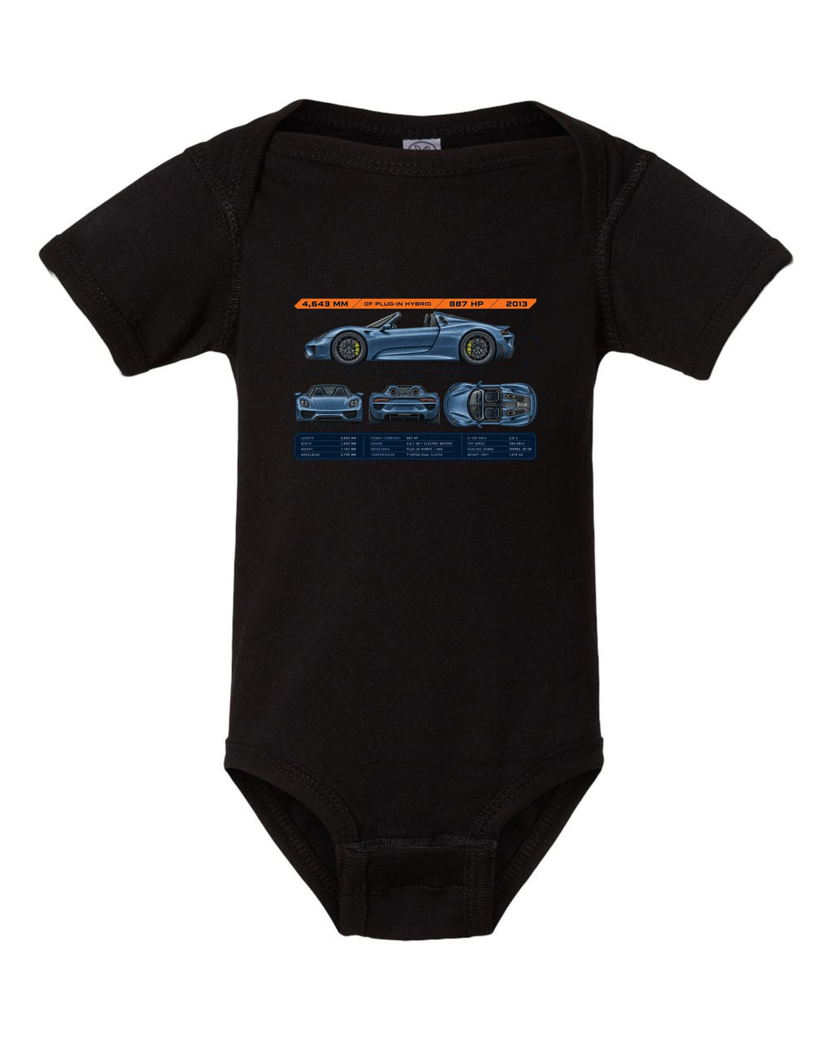 Porsche 918 Spyder dimension blueprint print design black baby onesie front view with the design