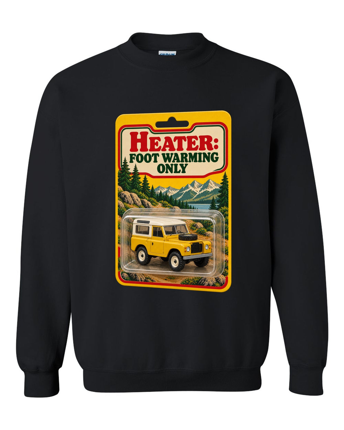 Toy blister card print with a Land Rover Defender 90 and the text Heater Foot Warming Only black crewneck front view with the design