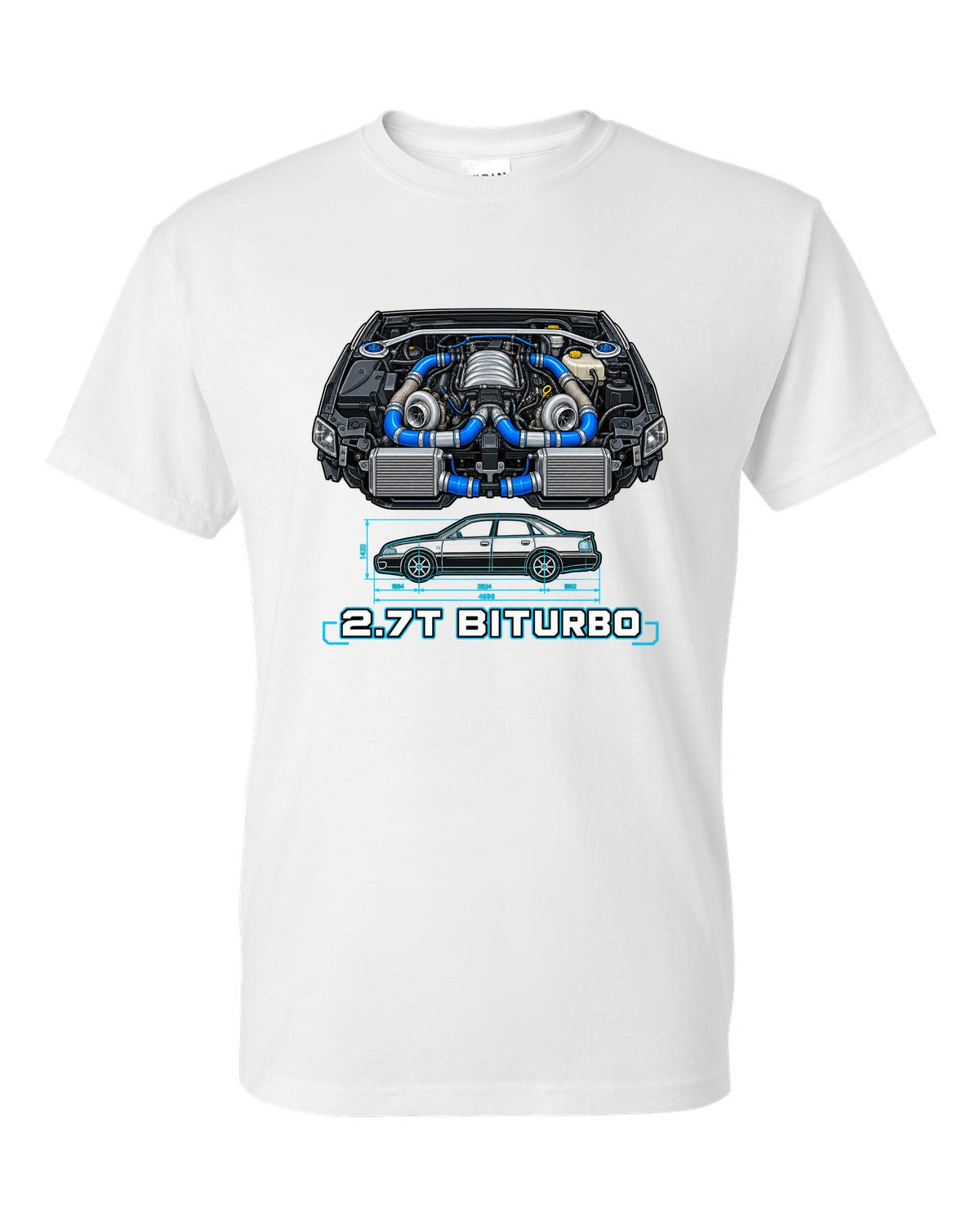 Technical blueprint print of an Audi S4 B5 with 2.7T Biturbo text white t-shirt front view with the design