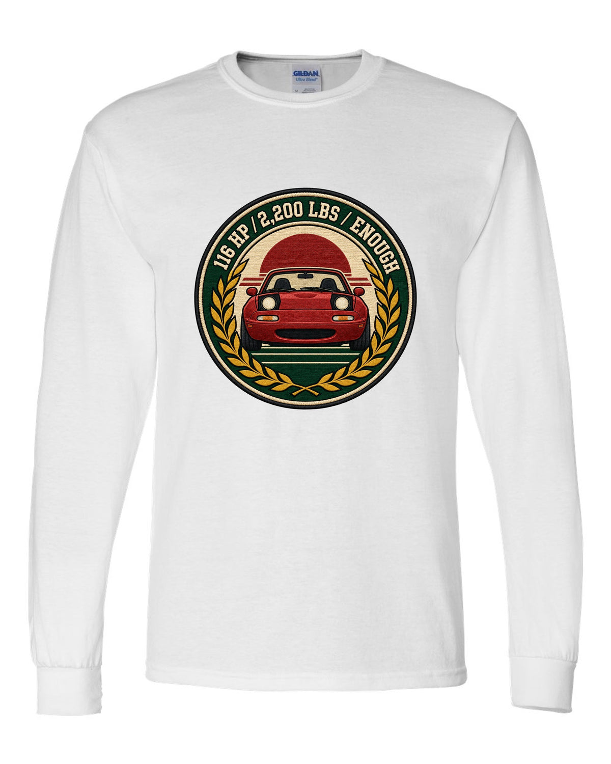 Embroidery-style varsity crest of a Mazda MX-5 NA6C with 116 HP spec text white long sleeve front view with the design