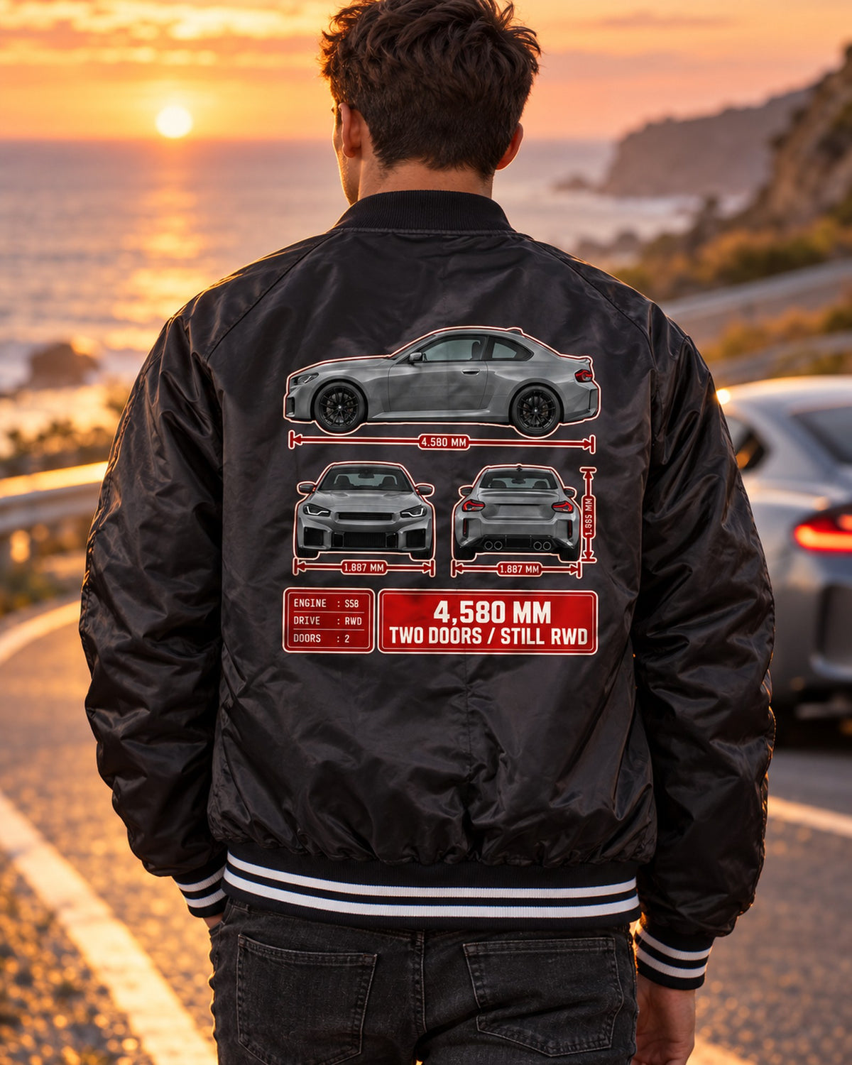 BMW M2 G87 Three-View Spec Tee, 4,580 mm Rear-Drive Car Shirt Bomber Jacket Black worn hero