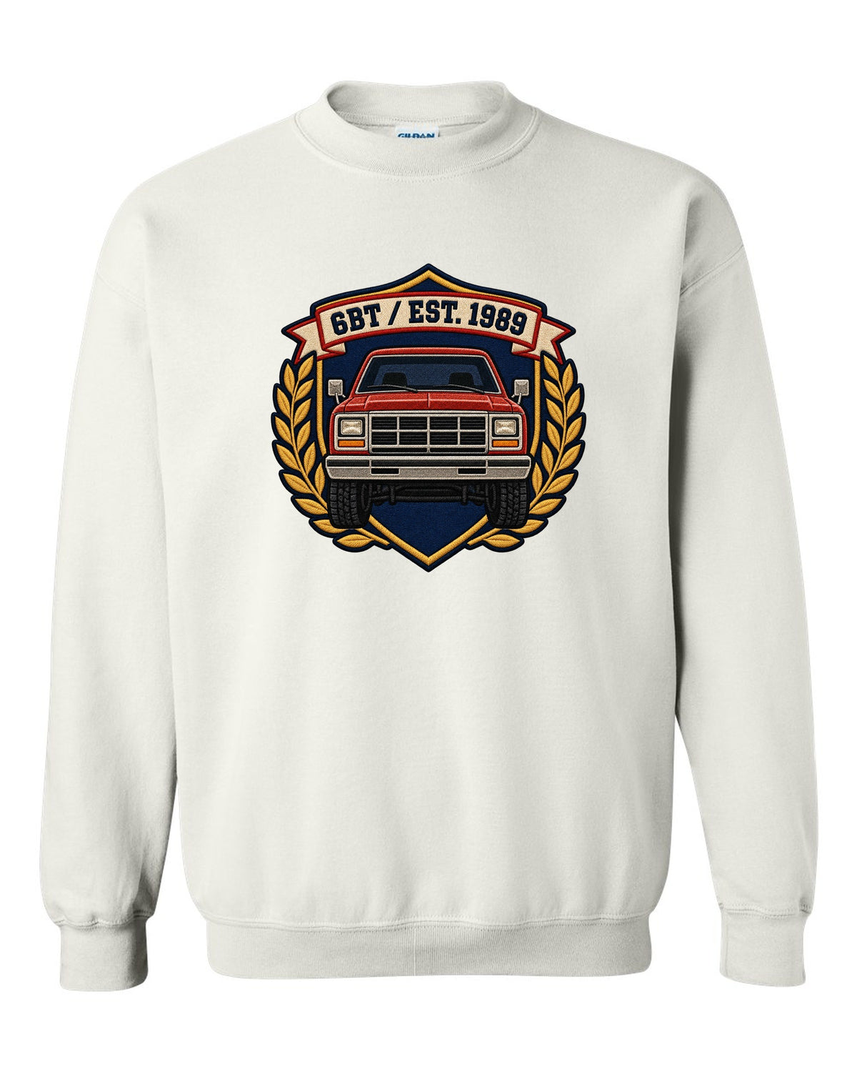 Varsity shield crest print for a first-generation Dodge Ram D250 6BT Cummins white crewneck front view with the design