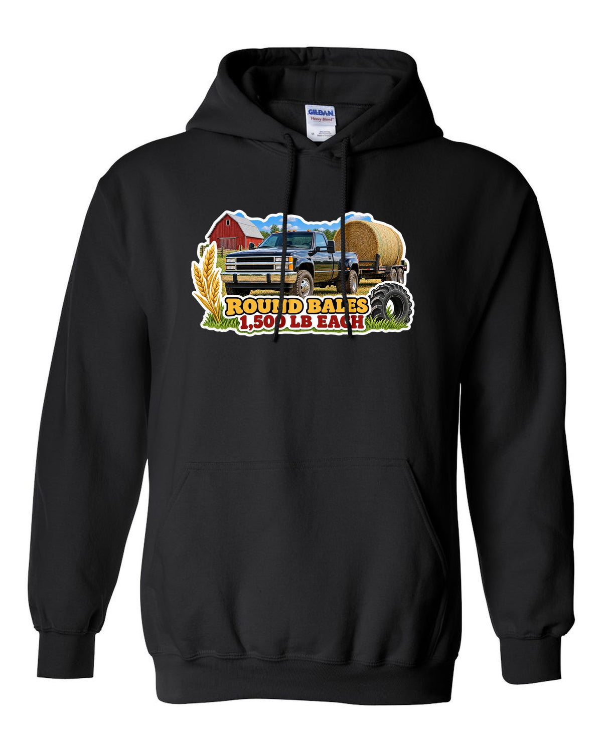 Sticker collage print of a 2010-2018 Ram 2500 6.7 hauling round bales with 1,500 lb each text black pull over hoodie front view with the design
