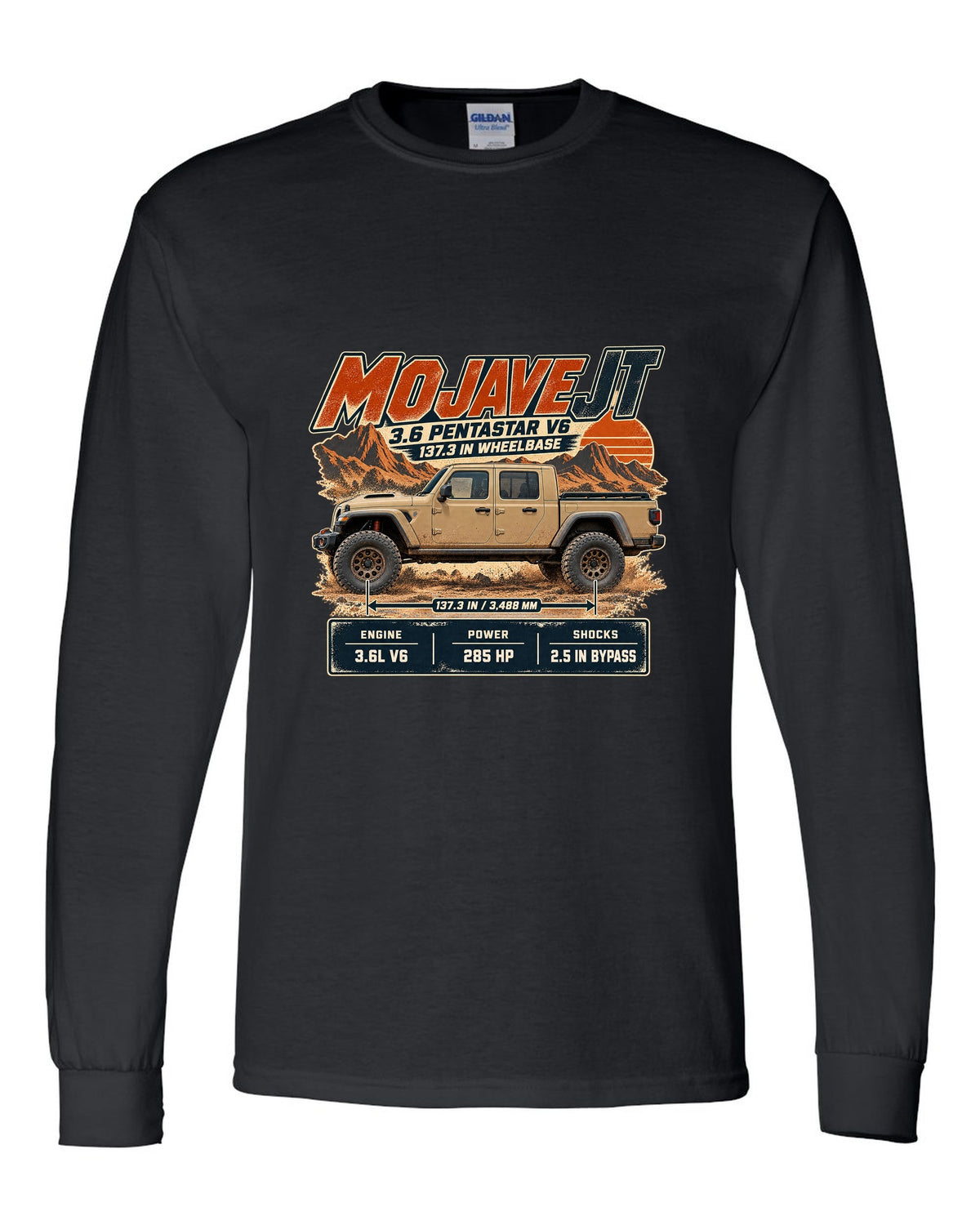 Spec poster print for the Jeep Gladiator Mojave JT with engine and wheelbase black long sleeve front view with the design