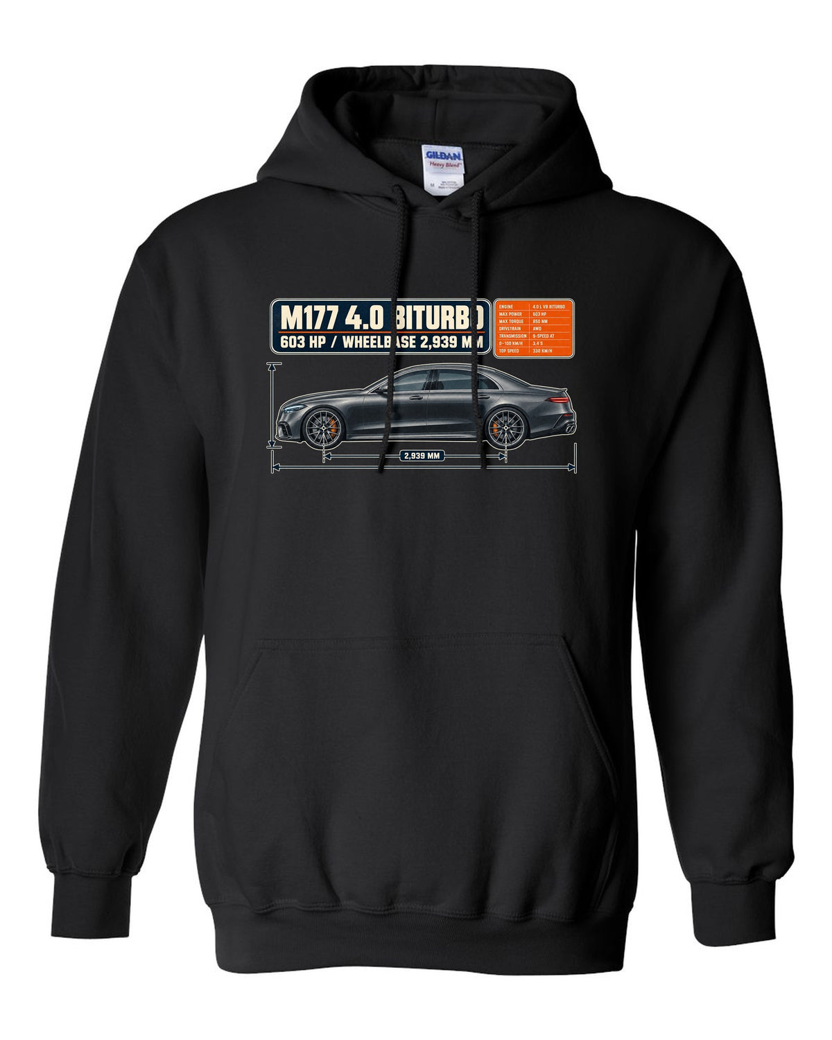 Dimension blueprint print of a graphite grey Mercedes-AMG E63 S W213 sedan black pull over hoodie front view with the design