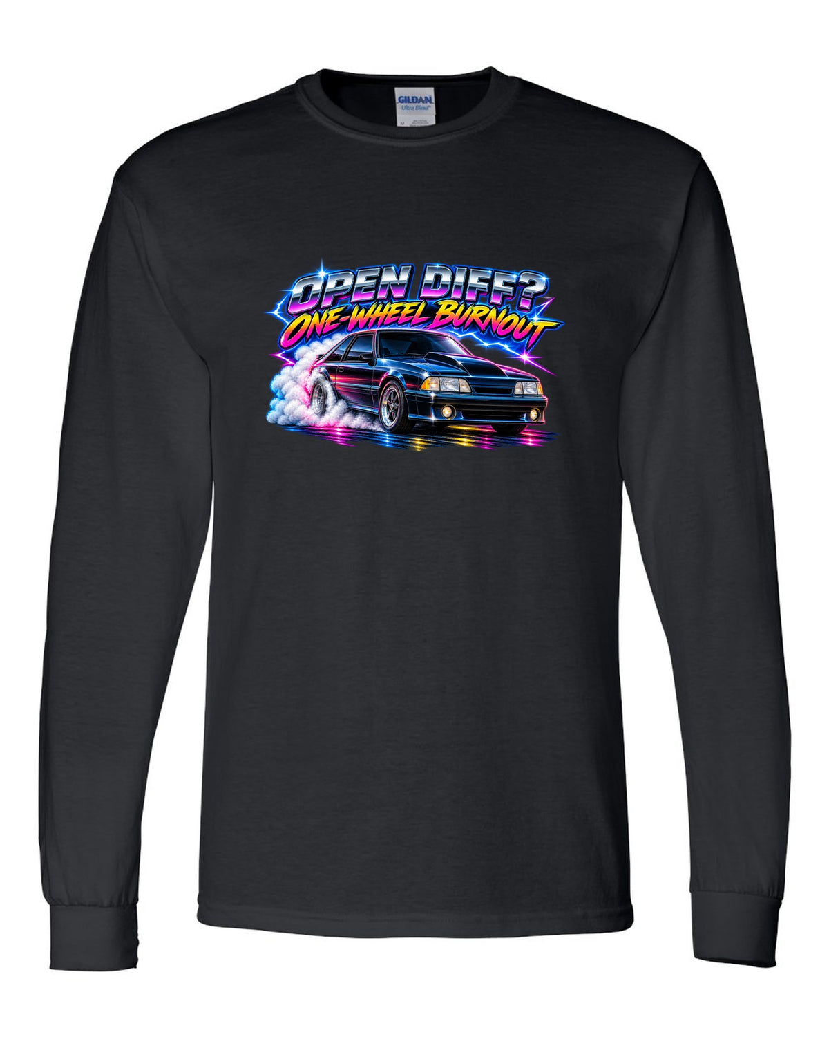 80s airbrush chrome print of a Ford Mustang Fox Body GT chback with a one-wheel burnout black long sleeve front view with the design