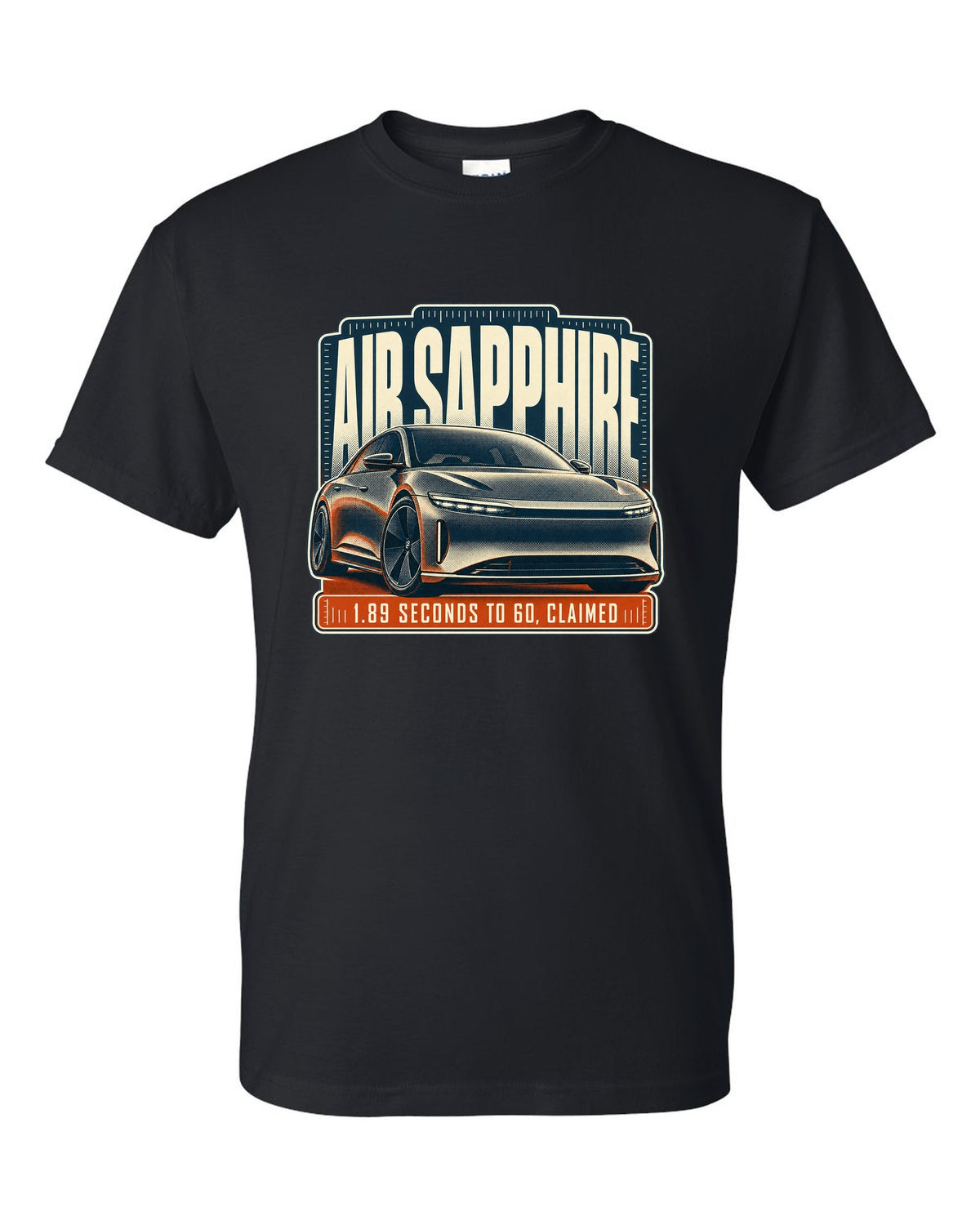 Halftone print of a Lucid Air Sapphire with 1.89 second 0-60 claim black t-shirt front view with the design