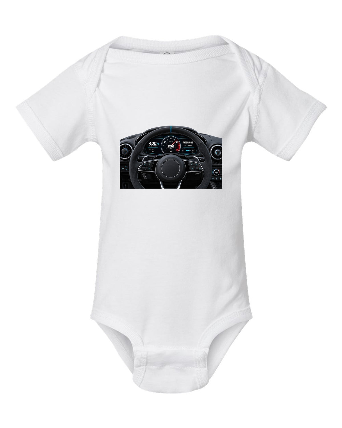 Audi TT RS FV virtual cockpit instrument cluster with 2.5 TFSI 400 PS text white baby onesie front view with the design