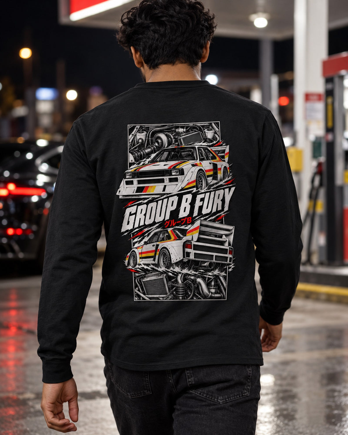 Audi Sport Quattro S1 Torn Poster Full-Back Graphic Tee Long Sleeve Black worn hero
