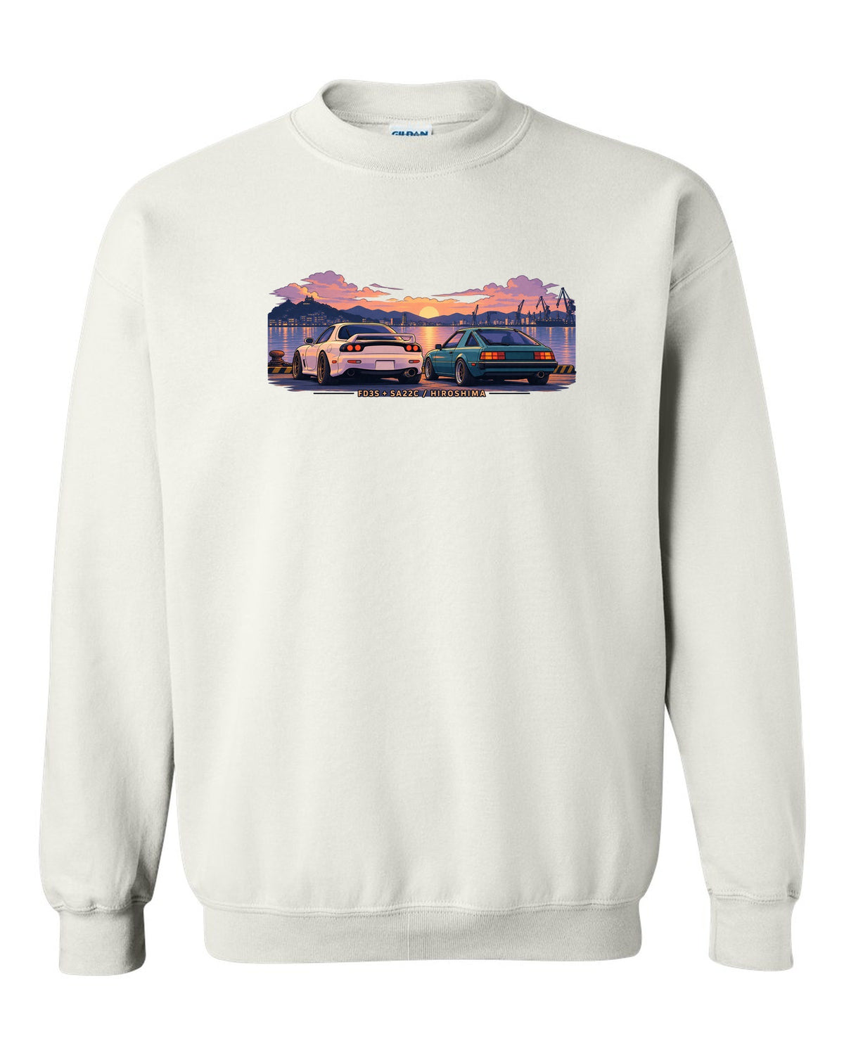 Ukiyo-e woodblock illustration of a Mazda RX-7 FD3S on a touge hairpin with 50/50 / 1280 KG lettering white crewneck front view with the design