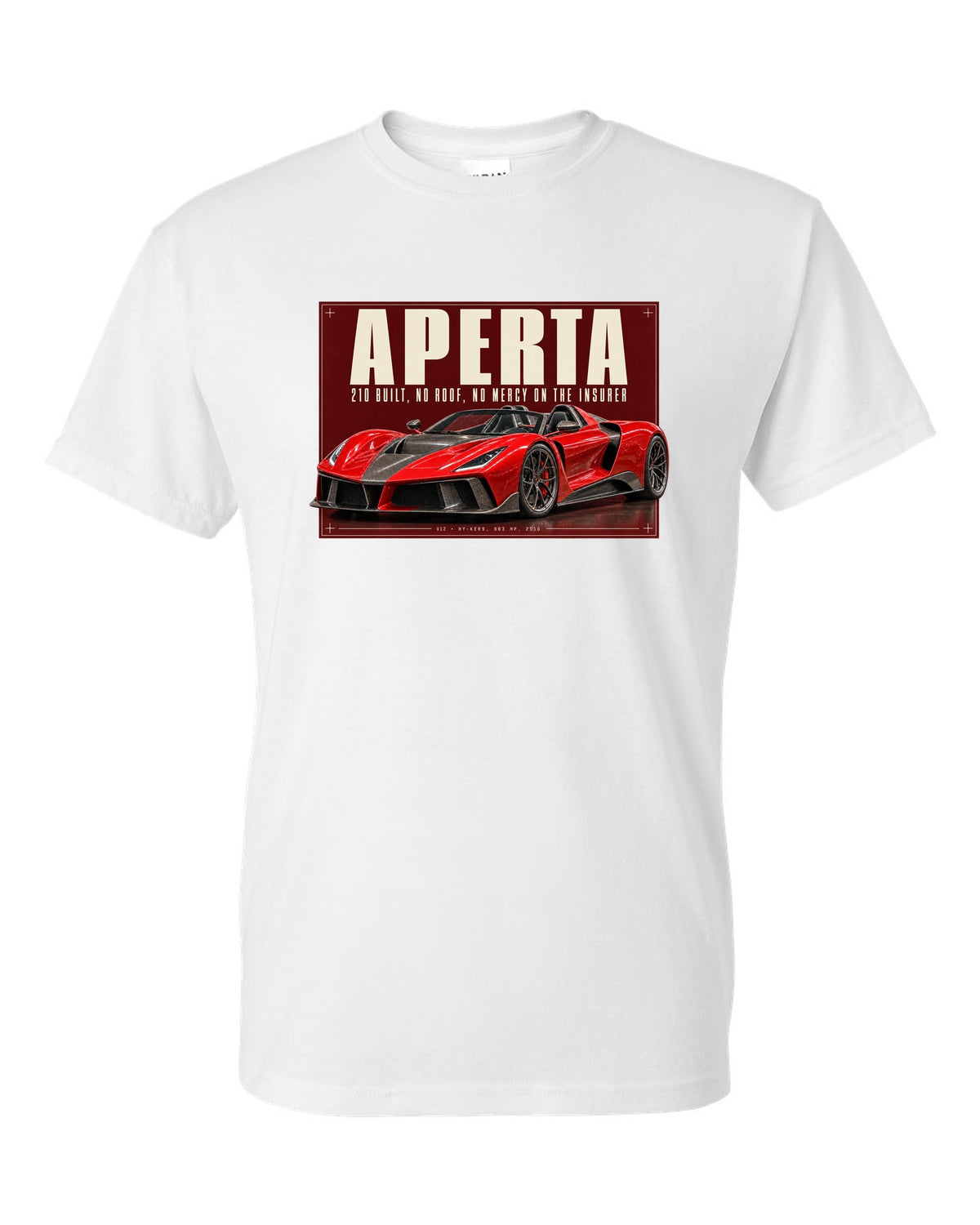 Ferrari LaFerrari Aperta editorial headline print, 210 built white t-shirt front view with the design