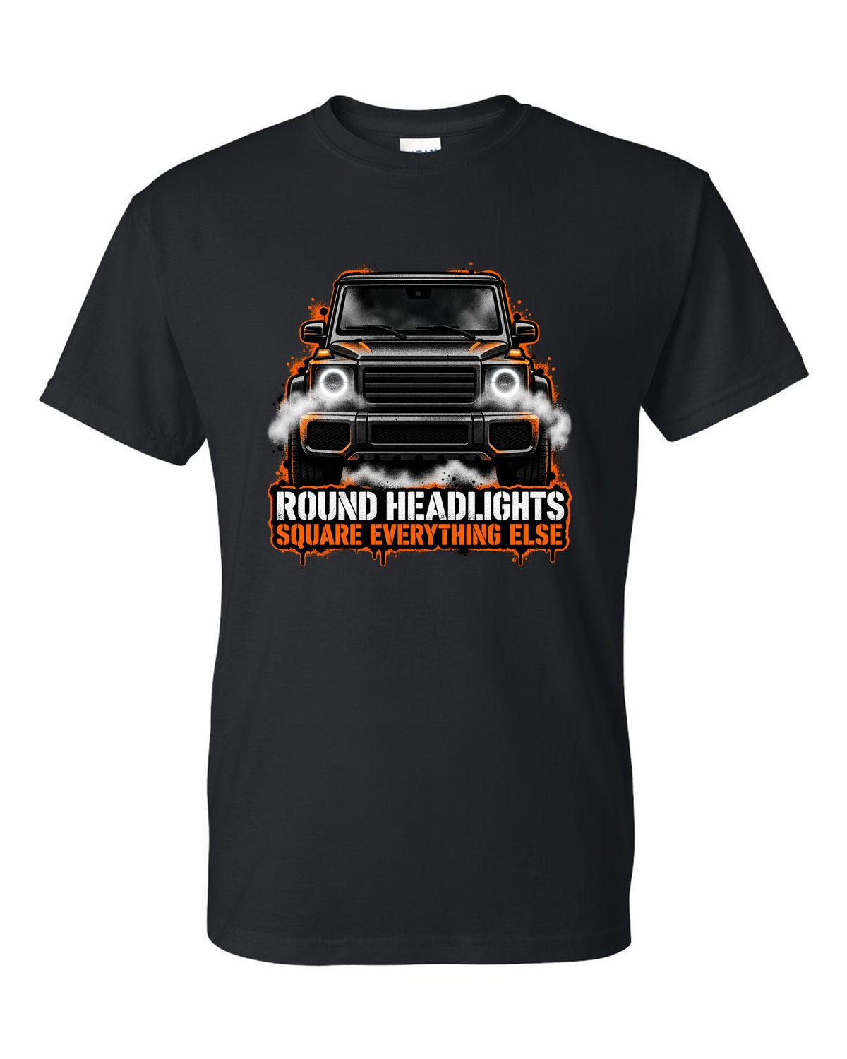 Sticker-bomb collage graphic with the word Clunk for a Mercedes G-Class W463, print black t-shirt front view with the design