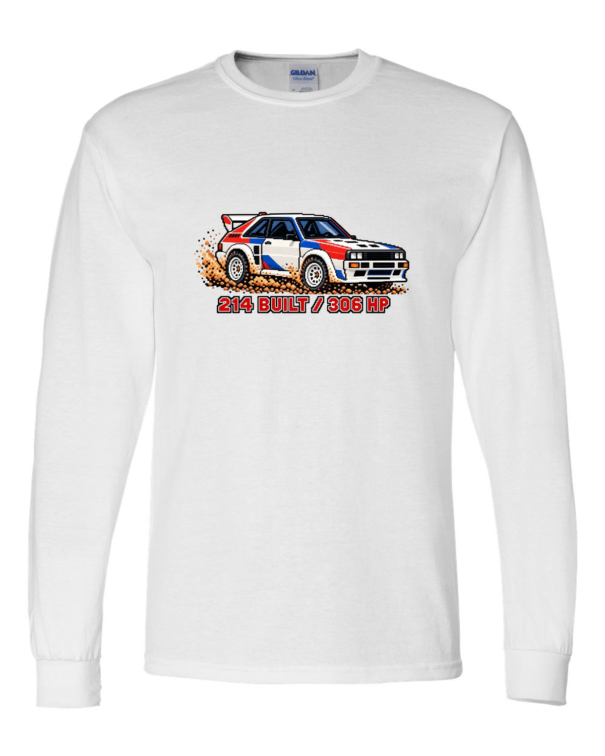 16-bit pixel art print of an Audi Sport Quattro SWB with 214 Built text white long sleeve front view with the design