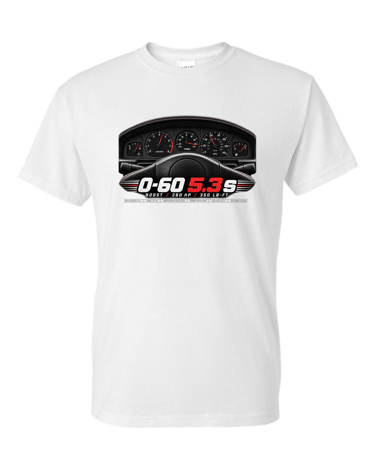print of a 1991 GMC Syclone gauge cluster crop with boost and speed figures white t-shirt front view with the design