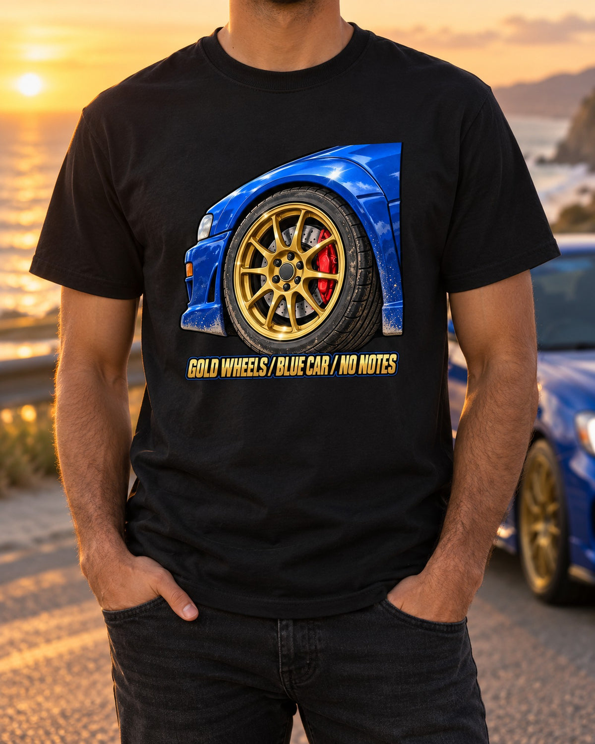Subaru Impreza WRX GC8 Gold Wheels Blue Car Painterly Tee T-Shirt Black worn hero