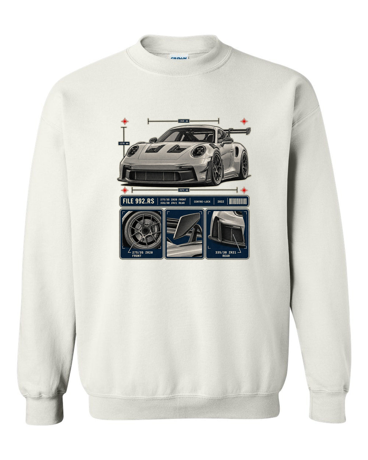 Porsche 992 GT3 RS dossier panels print design white crewneck front view with the design