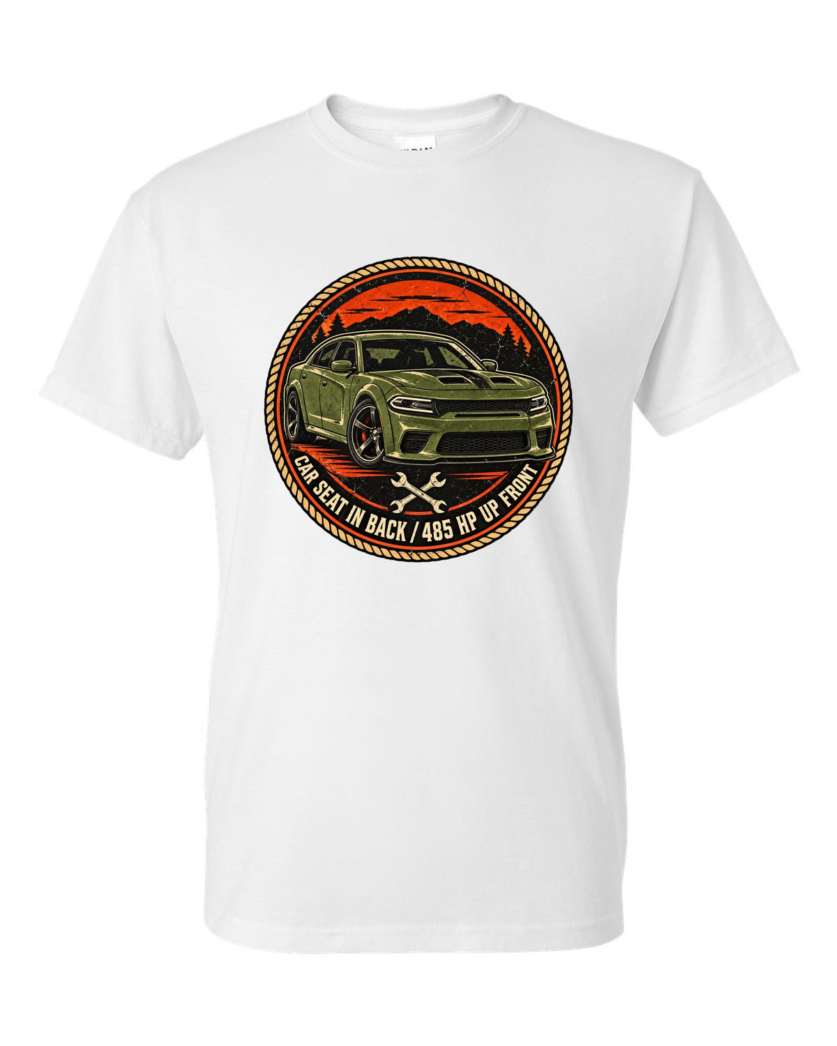 Vintage mechanic roundel patch design of a 2018 Dodge Charger Scat Pack with car seat caption white t-shirt front view with the design