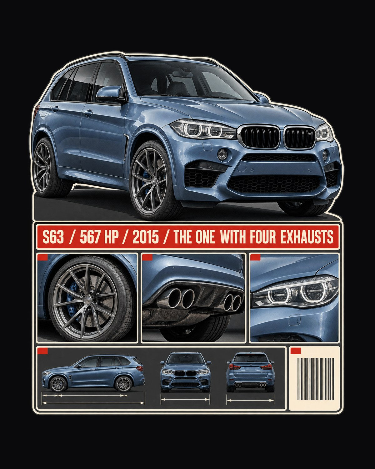 BMW X5 M F85 Dossier Panels Tee, S63 and Four Exhausts design only