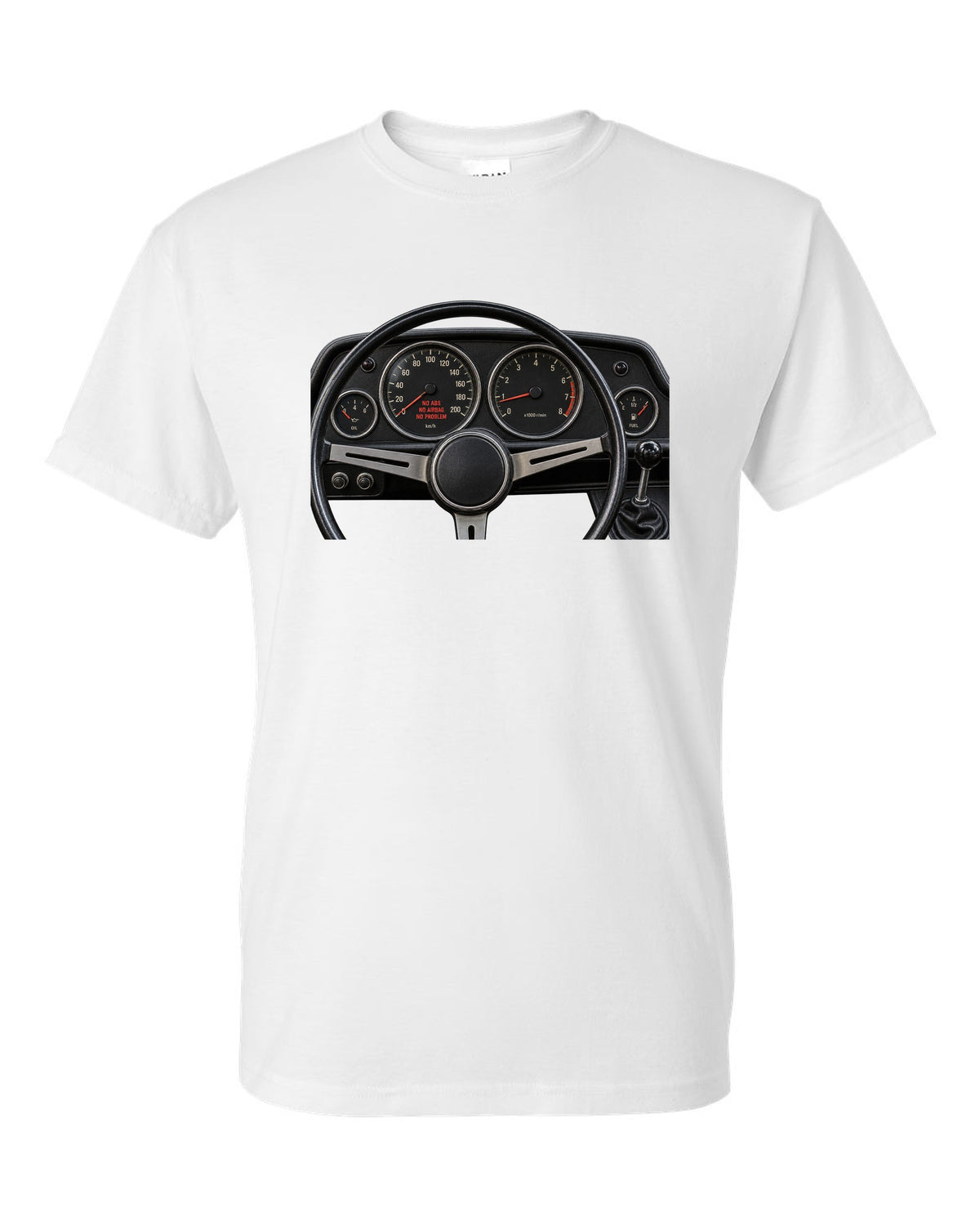 BMW 2002 cockpit gauge print with no ABS no airbag no problem text white t-shirt front view with the design