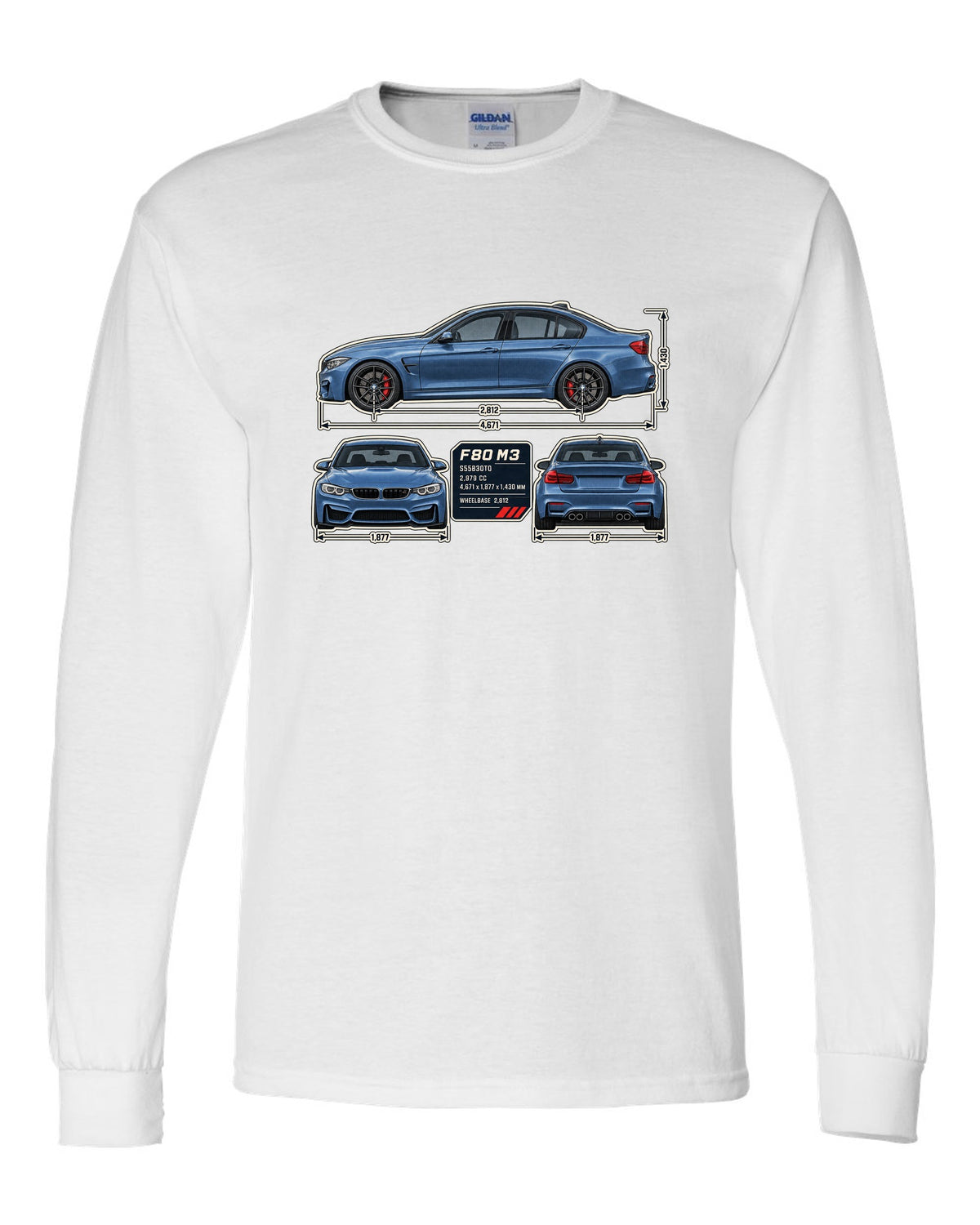 BMW M3 F80 dimension blueprint print with measurements white long sleeve front view with the design