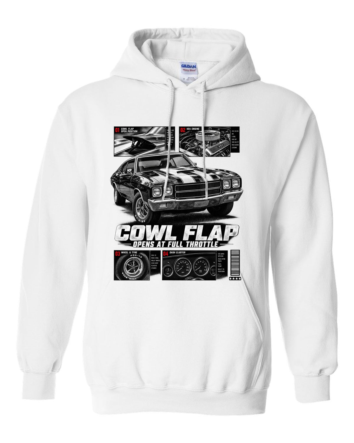 1970 Chevelle SS 454 dossier panel print with cowl flap detail white pull over hoodie front view with the design