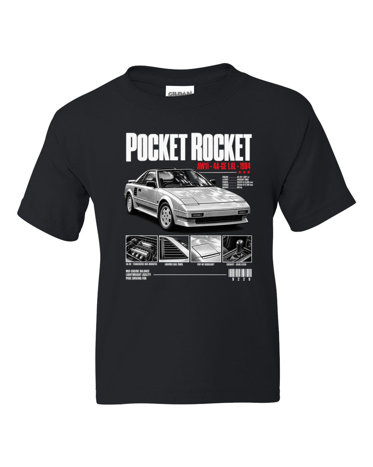 Dossier panel print of a Toyota MR2 AW11 with Pocket Rocket and 4A-GE text black kids tee front view with the design