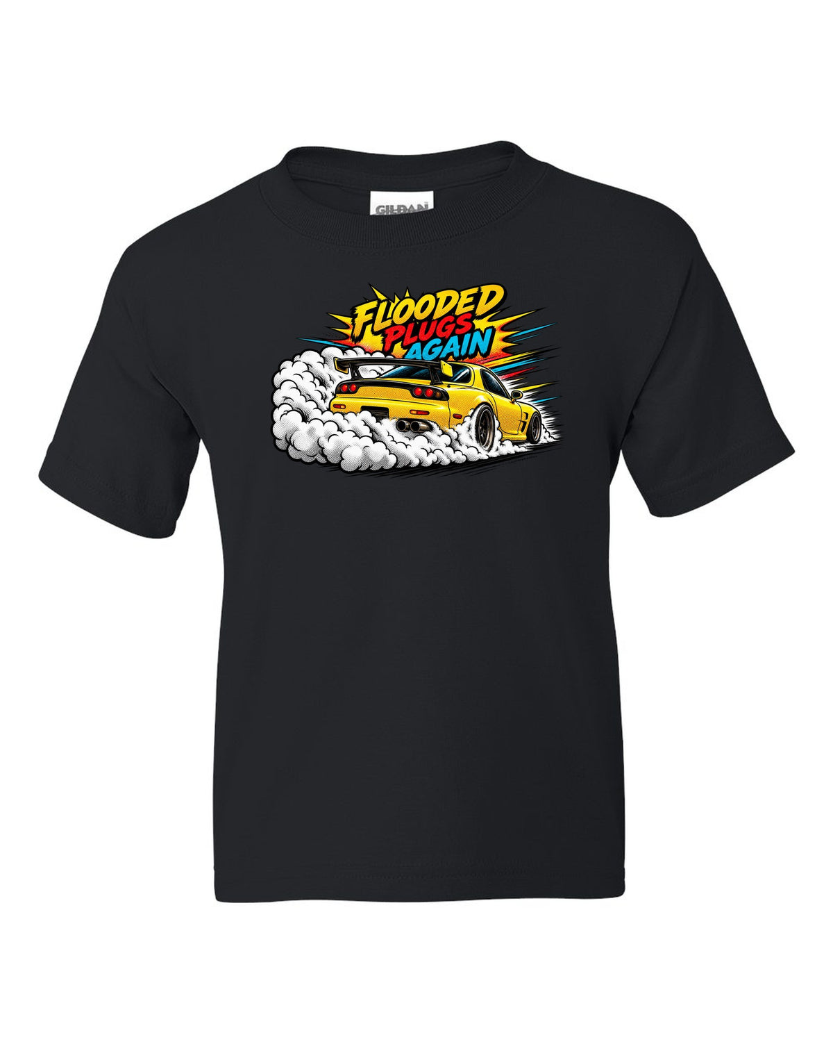 Comic halftone pop art print of a Mazda RX-7 FD3S with text Flooded, Plugs, Again black kids tee front view with the design
