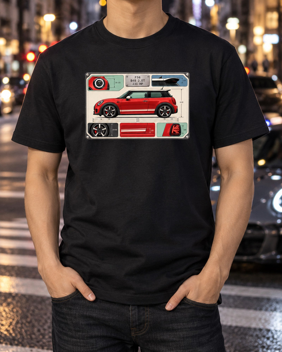 Mini Cooper S JCW F56 Data Plate Spec Sheet Shirt, 231 HP T-Shirt Black worn hero